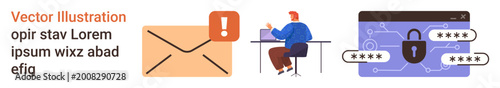 Data protection, cybersecurity, email alerts, network security, online authentication, technology risks. Envelope with alert symbol, person working at desk, locked browser with passwords