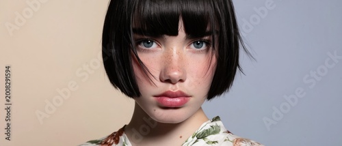 Face of a young woman with straight bangs and freckles looking at camera for beauty editorial, skincare advertising and hair salon marketing with copy space background