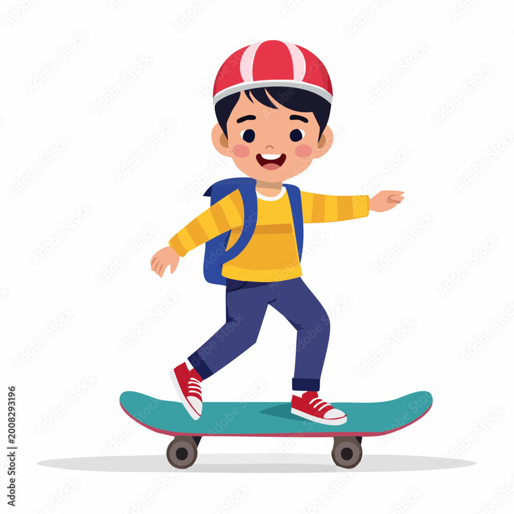 Obraz premium Boy Riding Skateboard with Backpack and Helmet