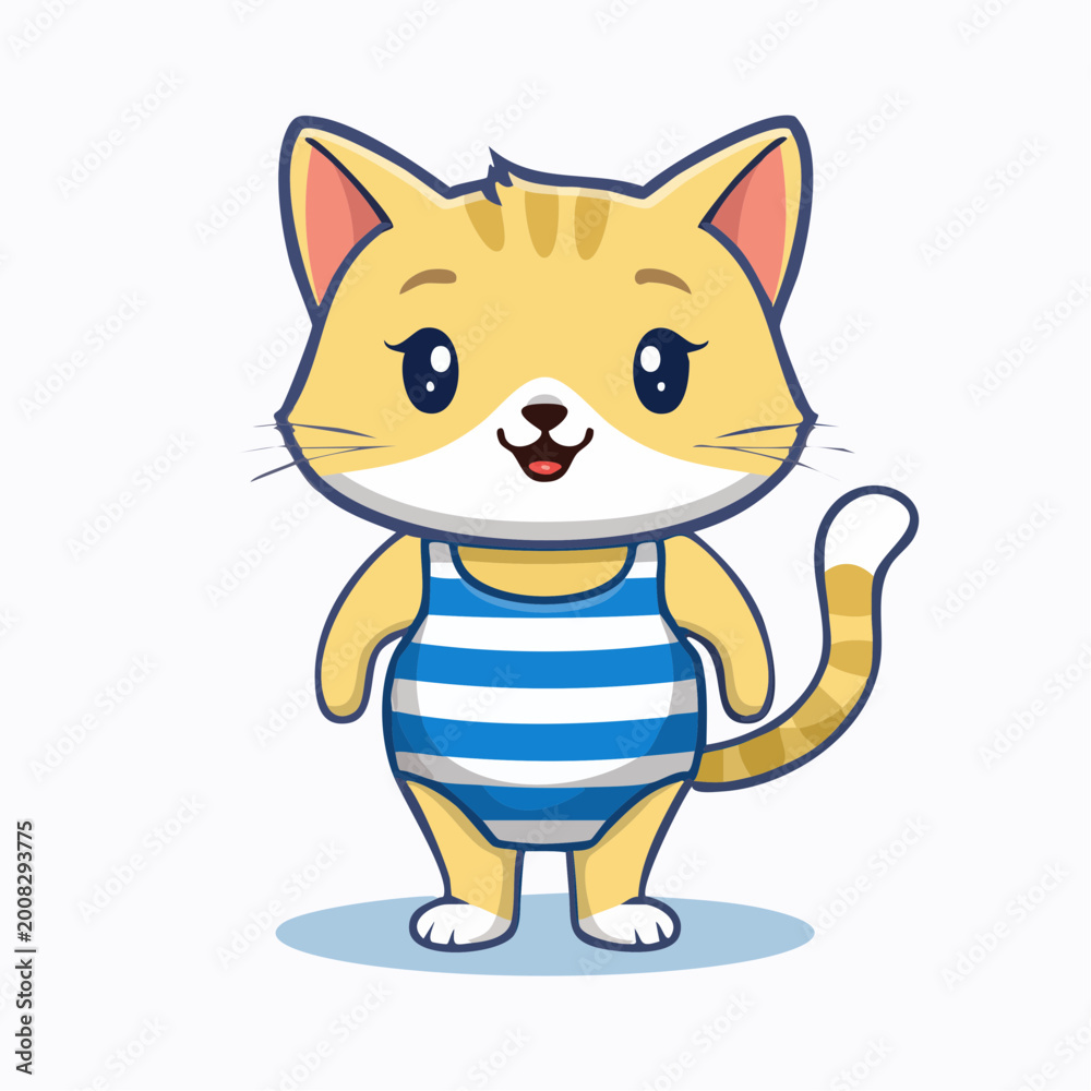 Obraz premium Cute Cartoon Cat Wearing a Striped Swimsuit