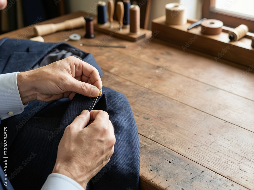 Fototapeta premium Professional Tailor Hand Sewing a Bespoke Navy Blue Suit Jacket