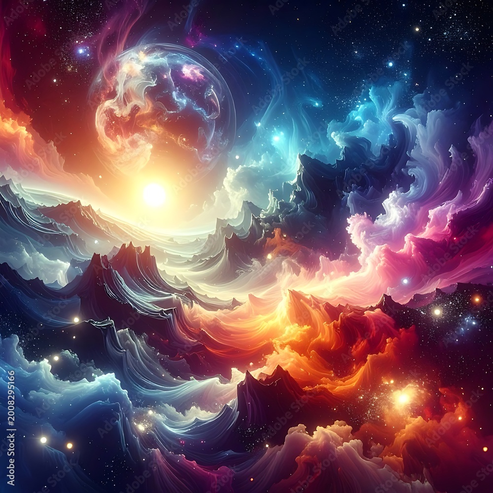 Obraz premium A vibrant cosmic scene with swirling clouds and stars