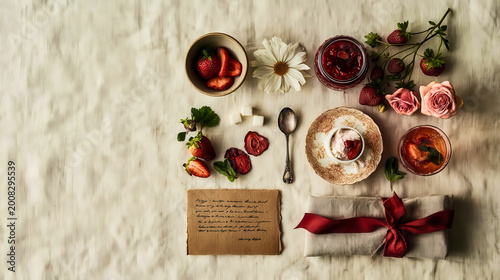 Soft white cloth holds delicate still life arrangement. Strawberries, flowers, jam jars, and tea cup create cozy aesthetic. Handwritten note adds personal, thoughtful touch to the scene