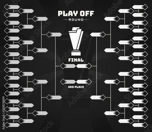 Tournament playoff bracket template for sports competition with 32 team on dark background