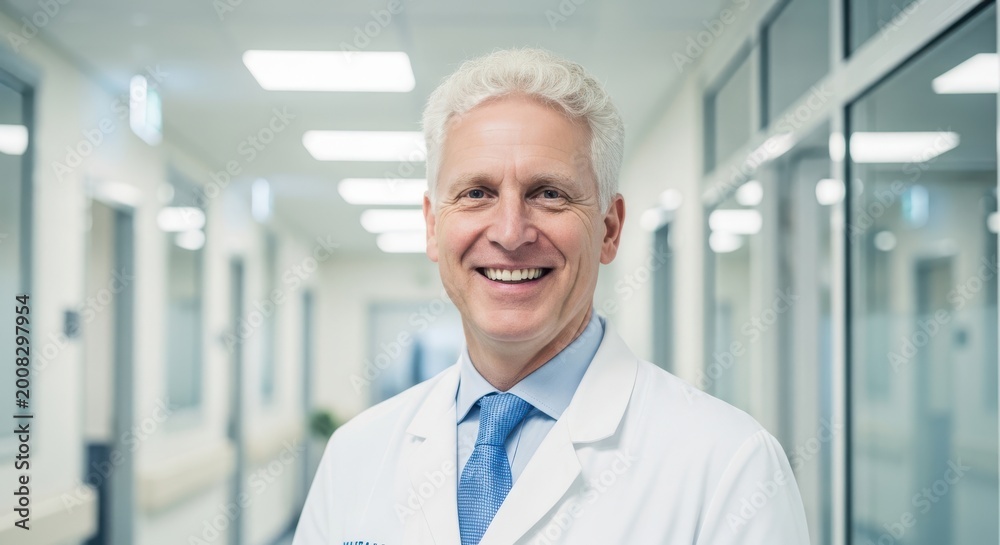 Fototapeta premium Portrait of a friendly middleaged male doctor smiling at the camera in a modern hospital hallway