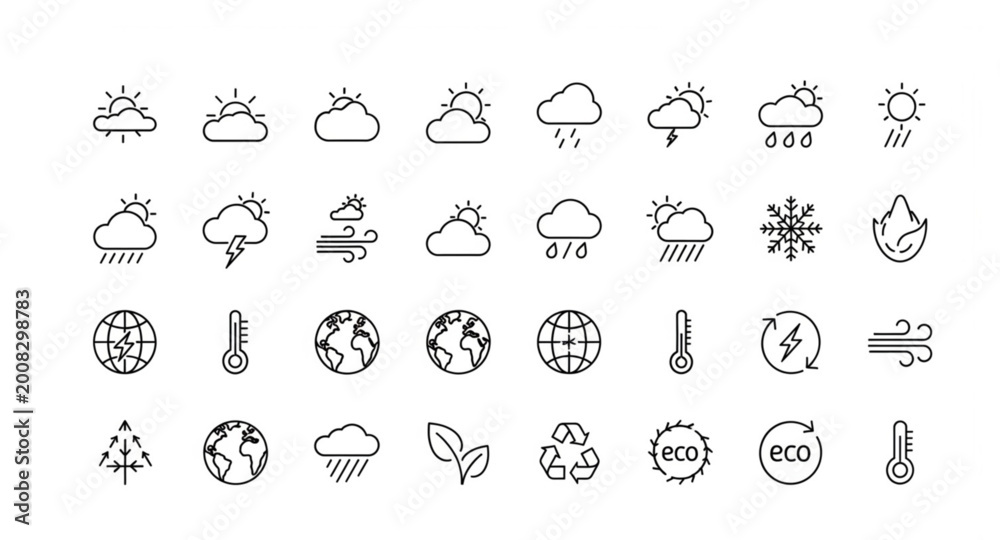 Fototapeta premium Climate and weather outline icons set with environmental and eco symbols editable thin line vector collection
