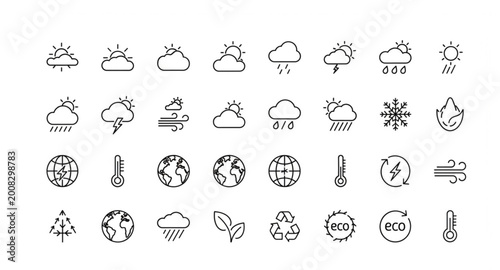 Schilderij op canvas Climate and weather outline icons set with environmental and eco symbols editabl