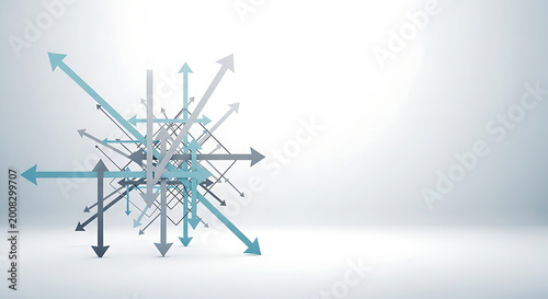 A cluster of blue and grey arrows pointing in multiple directions, symbolizing complexity, data flow, or strategic choices on a clean white background.
