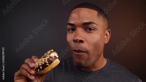 Enthusiastic enjoyment of a sweet treat by a satisfied individual with a chocolate donut