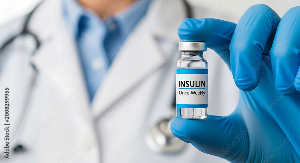 Fototapeta premium Doctor wearing blue gloves holds vial of once weekly insulin medication medical health healthcare