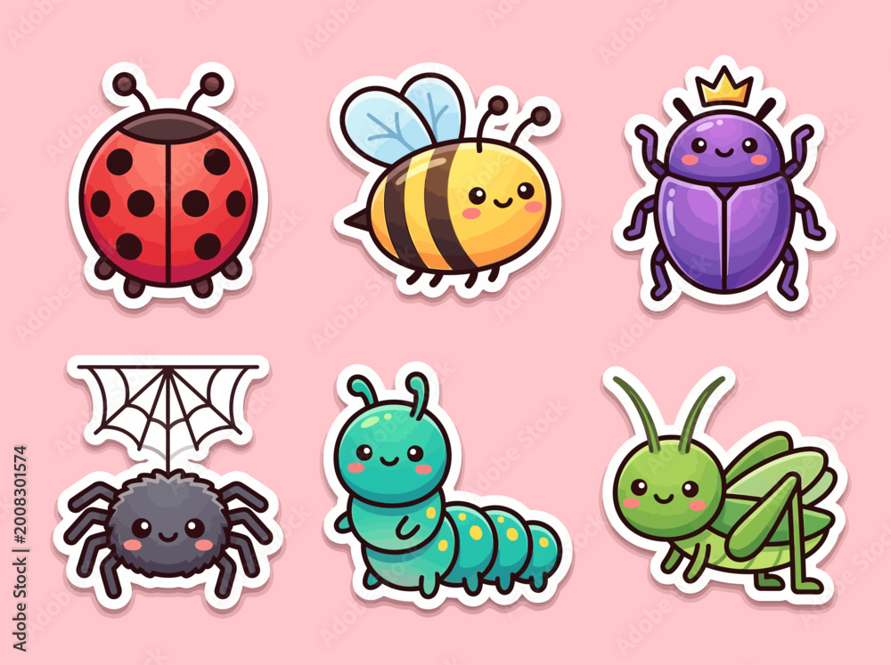 Naklejka premium Cute Cartoon Insect Sticker Set featuring Ladybug, Bee, Beetle, Spider, Caterpillar, and Grasshopper - Kawaii Garden Bug Illustrations for Kids