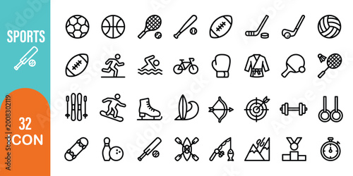 A comprehensive collection of 32 clean sport, football, badminton icons featuring various balls and equipment