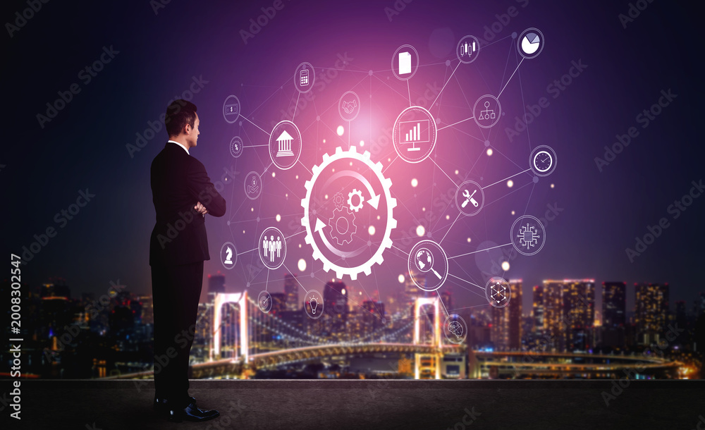 Fototapeta premium A business process automation and operations management system. A concept for integrating and automating core business functions for efficiency. Motif