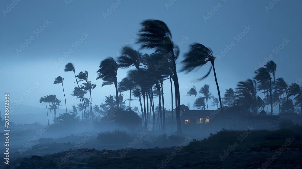 Fototapeta premium Tropical Storm With Palm Trees Swaying Violently On Dark Rocky Shore For Weather Disaster Concepts