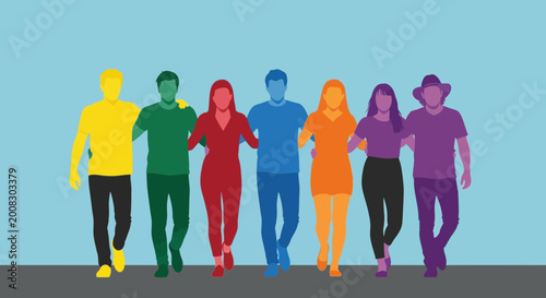 Foto Diverse group of people walking together, diversity and unity concept, rainbow c