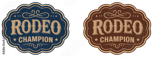 Εκτύπωση καμβά Rodeo champion cowboy label buckle with bull rider medal emblem, ornate typograp