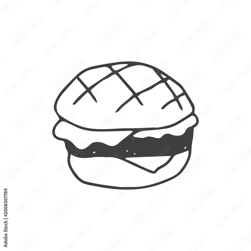 Fototapeta premium Grilled Burger Doodle Illustration. Barbecue hamburger with sear marks, hand drawn fast food icon in simple outline style. Vector sketch drawing