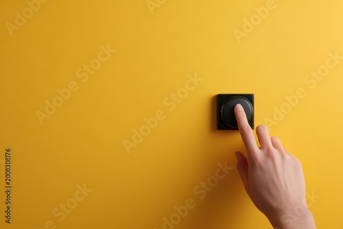 hand pressing yellow accessibility assistance button on wall public space inclusivity concept