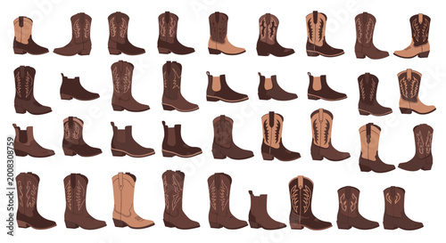 Large collection of diverse cowboy and western style leather boots in various shades of brown and tan arranged in rows on white.