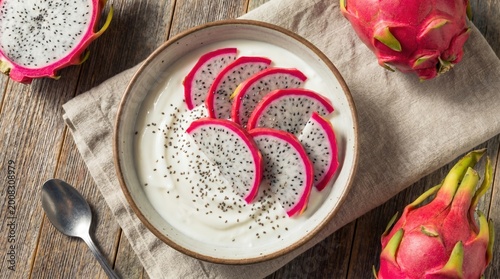 Bowl of yogurt topped with fresh dragonfruit slices and chia seeds. Healthy breakfast parfait with tropical superfood. Nutritious snack for wellness and diet
