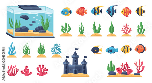 Set of aquarium decorative elements including various tropical fish, seaweeds, corals, and a blue castle for fish tank design.