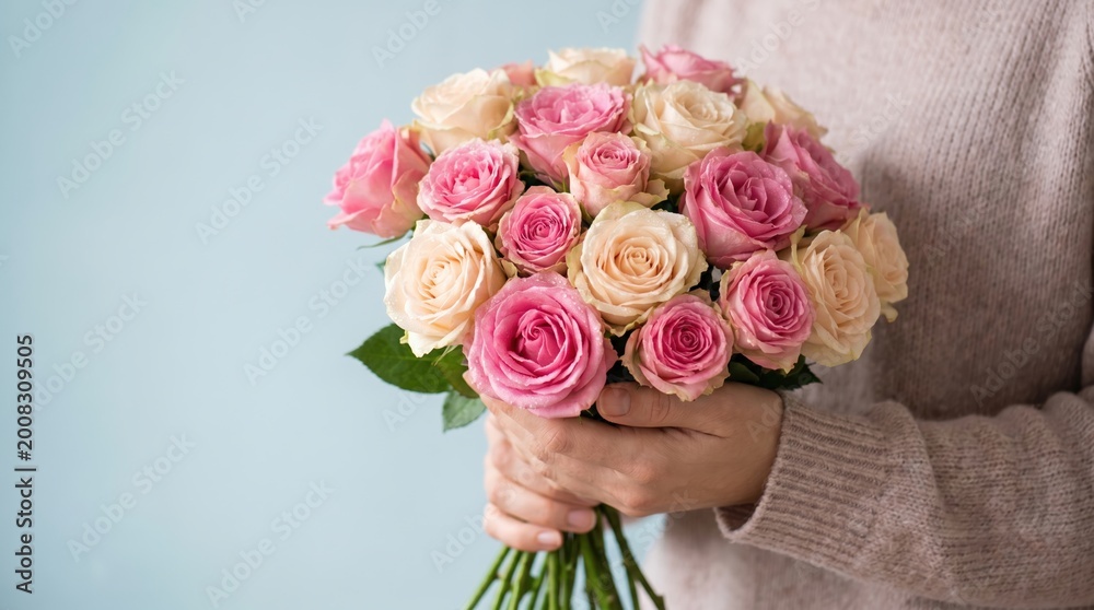 Obraz premium Woman holding bouquet of pink and peach roses. Fresh flower arrangement symbolizing love and romance. Elegant floral design with soft petals and green leaves in gentle lighting