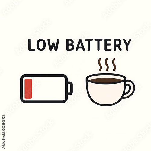 Low battery warning icon with coffee cup illustration