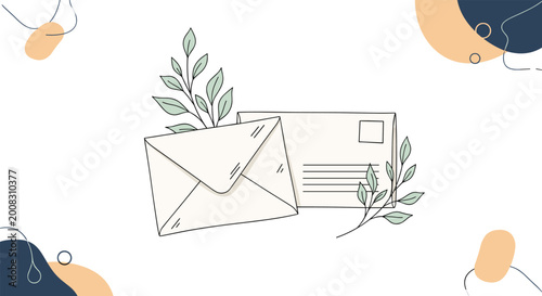 Two aesthetic envelopes decorated with green leaf branches set against a minimalist abstract background with organic shapes.