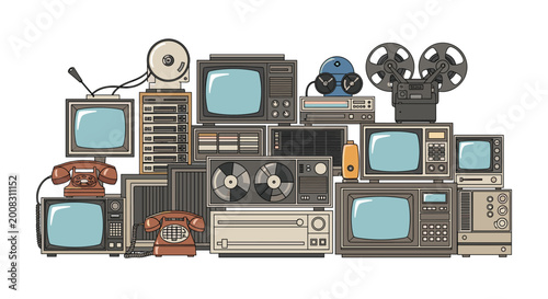 Large collection of vintage electronic devices including old televisions, radios, cameras, and telephones stacked together.