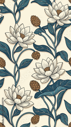 Floral pattern with lotus flowers and pinecones vector illustration cream background high-quality professional detailed modern