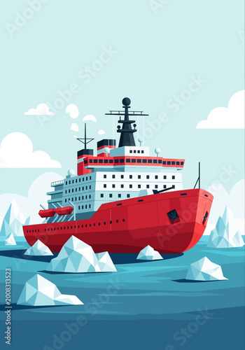 Foto Red Icebreaker Ship Navigating Through Arctic Icebergs, Polar Expedition Vessel