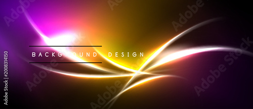 Billede på lærred Abstract background features vibrant purple, orange, yellow light streaks