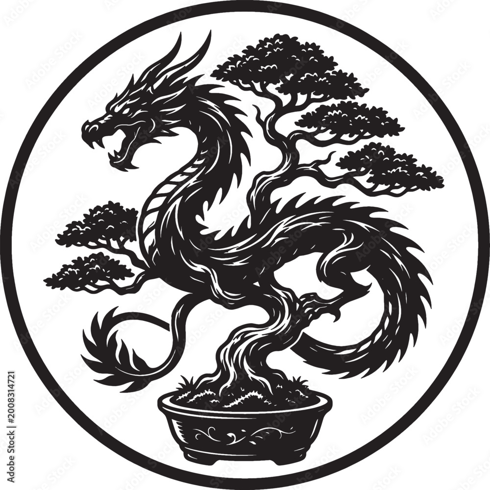 Fototapeta premium A detailed silhouette of a dragon intertwined with a bonsai tree, presented as a striking graphic element on a transparent