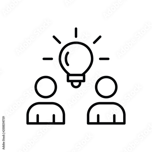 2 users and light bulb. Collective intelligence, partnership and co-creation. Pixel perfect, editable stroke vector icon