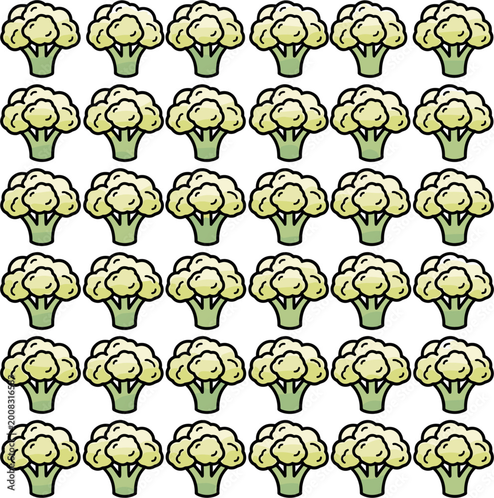 Obraz premium Pixel art cauliflower florets in a repeating grid pattern, simple food illustration with a vintage, retro, pixelated style