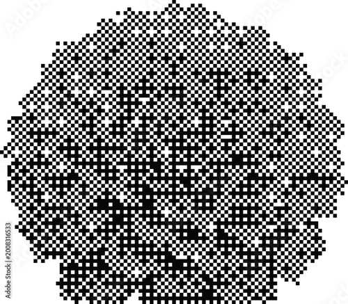 Abstract black and white pixelated circular shape with halftone dithered pattern effect on white background for retro digital design
