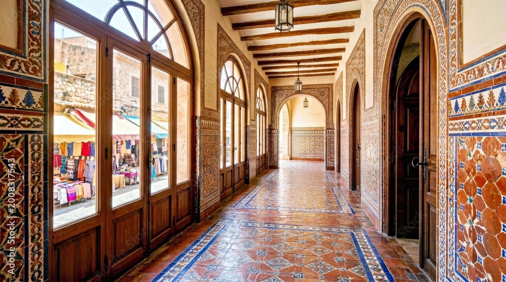 Obraz premium Luxury Hallway With Intricate Tile Patterns and Bustling Market View Elegant Hallway Moroccan Tile Patterns