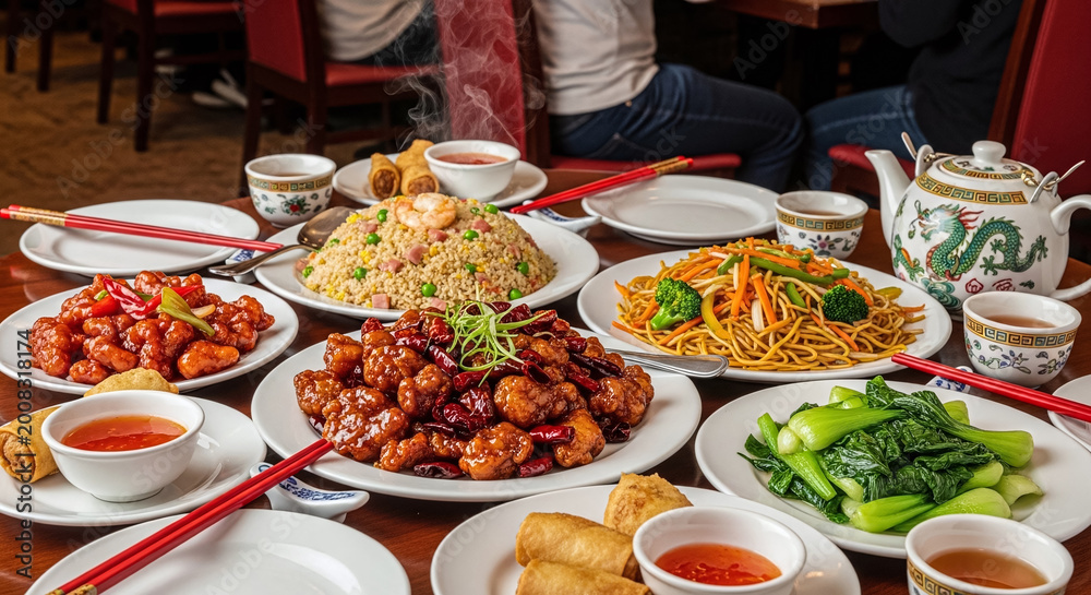 Obraz premium Assorted traditional asian dishes on plates at dining table