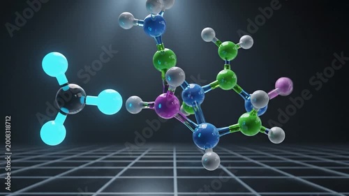 A colorful and detailed illustration of a molecular structure, showcasing the intricate connections and vibrant spheres against a dark background
