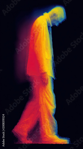 Infrared thermal camera image of sad man walking, showing heat distribution in red, yellow, and blue tones on black background