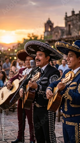 Mariachi musicians playing guitar in traditional mexican suit and sombrero at outdoor celebration. Happy men performing folk music during holiday event. Cultural heritage and tradition.