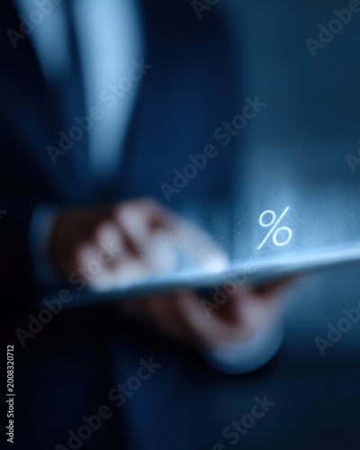 businessman holding tablet with hologram percent sign, interest rate, discount and financial promotion concept, blue digital interface