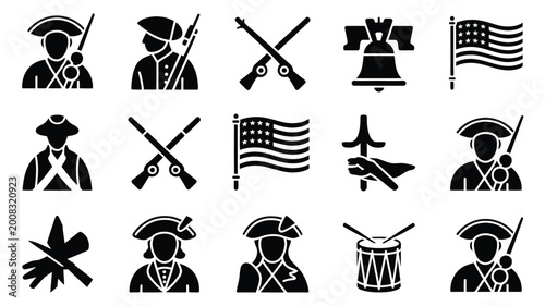 Foto Collection of vintage style black silhouette icons representing american revolut