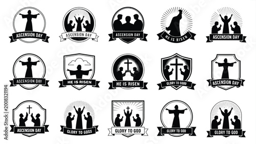 Foto Collection of black silhouette christian religious symbols and badges featuring