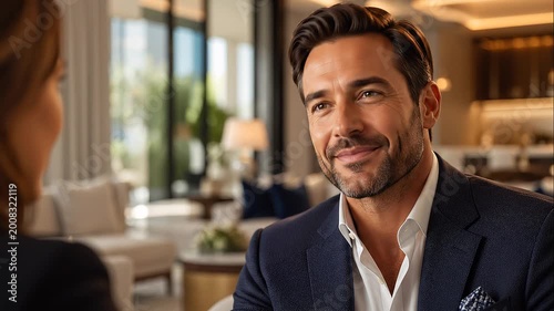 Confident businessman engaging in conversation and smiling warmly during a meeting in a luxury setting for client interaction concept and professionalism