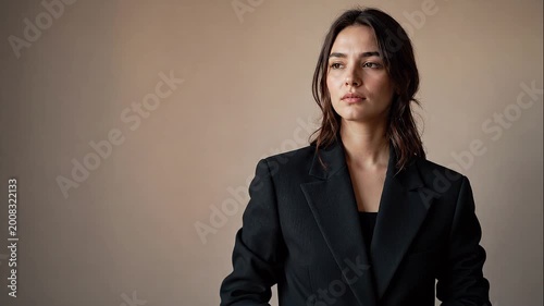 Young professional woman holding a question mark sign, looking up and pondering a complex dilemma concept for business strategy and decision making