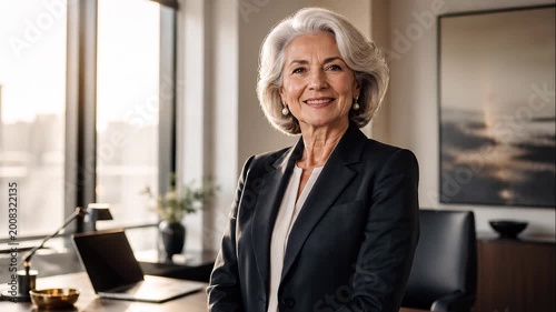 Experienced mature businesswoman with grey hair smiling in a modern office for career success concept and professional leadership