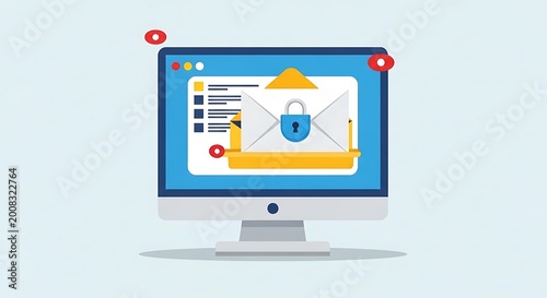 A computer monitor displays a secure email inbox with a padlock on the screen.