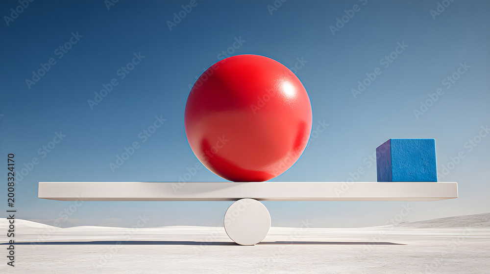Obraz premium Giant red sphere balances on white scale with small blue cube clear blue sky background