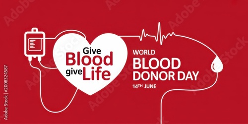 World blood donor day concept design with heart shape, blood bag and heartbeat line on red background